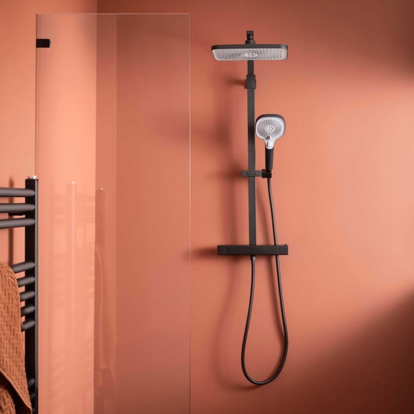 Lifestyle image of JTP Hix Matt Black Square Thermostatic Shower Column